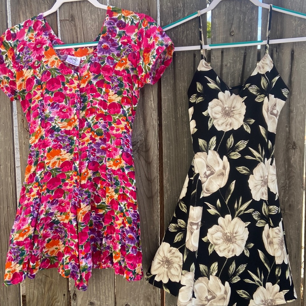 Pink Floral Romper and Black/White Floral Dress
